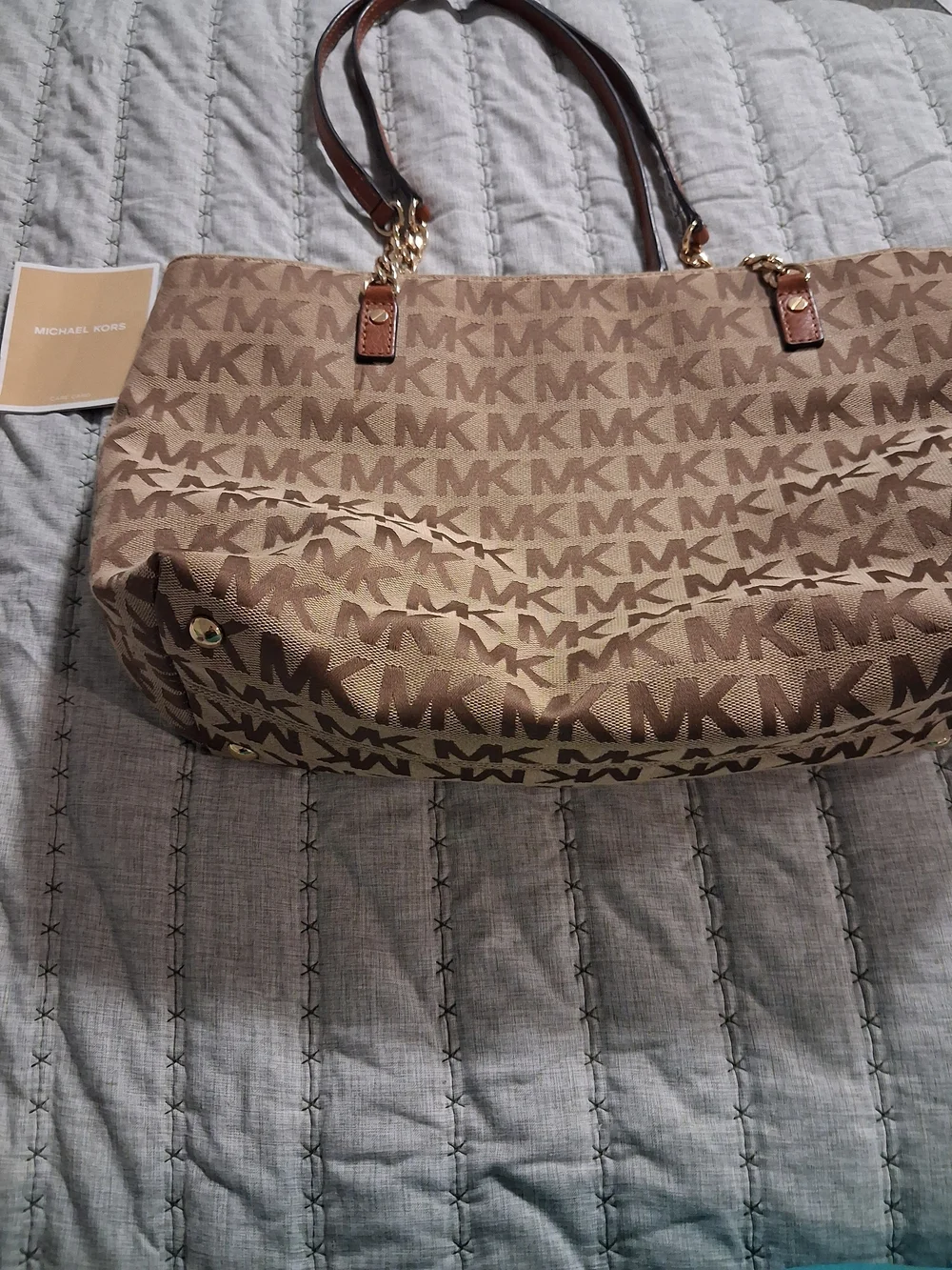 Michael Kors Tan and Dark Brown MK Logo Tote